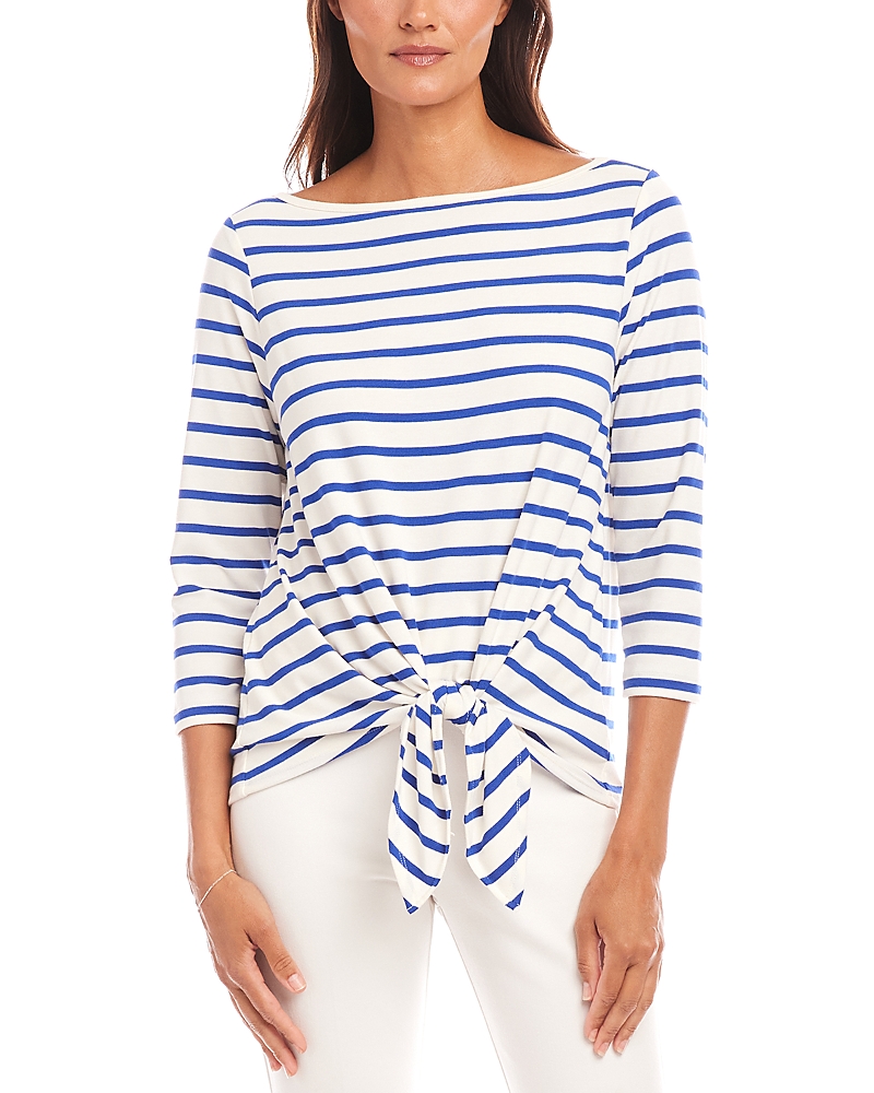 Karen Kane Stripe Boat Neck Tie Hem Top In White