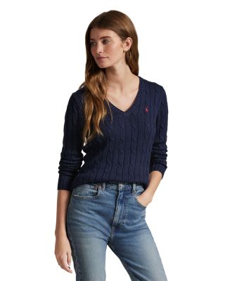 Women's Cable Knit Cotton V Neck Sweater