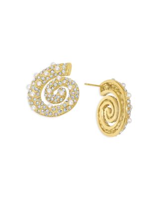 Pav&eacute; & Imitation Pearl Swirl Drop Earrings in 18K Gold Plated Stainless Steel