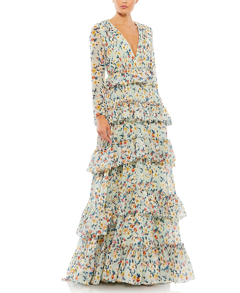 Mac Duggal Floral Printed Tiered Ruffle Long Sleeve Gown · 2