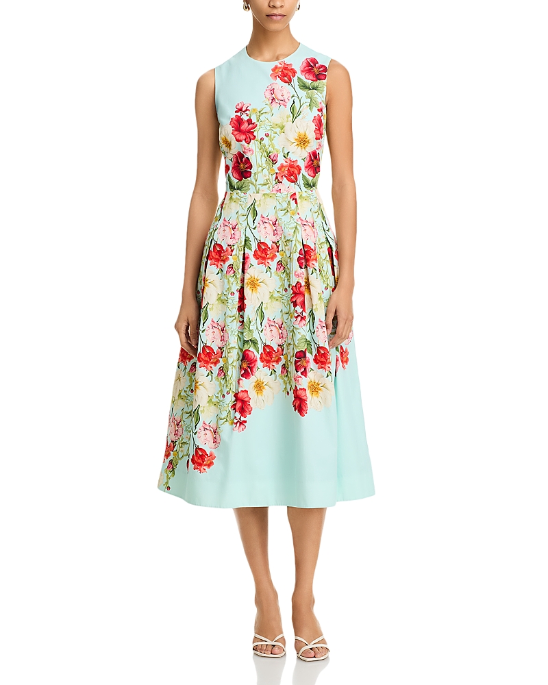 Teri Jon by Rickie Freeman Printed Cotton Pleated Dress
