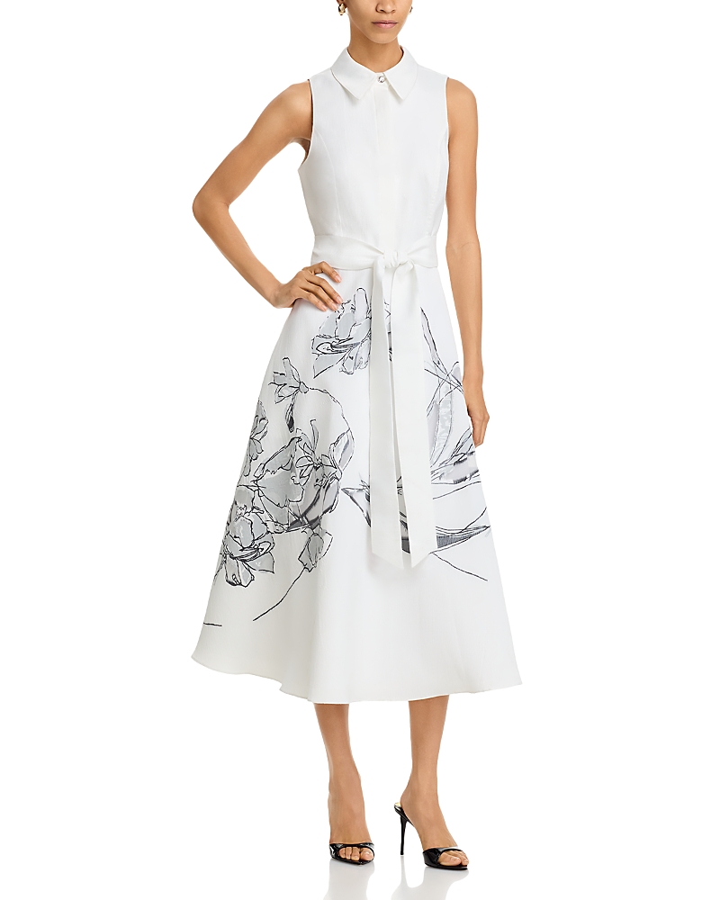 Teri Jon By Rickie Freeman Sleeveless Burnout Floral Shirt Dress In White Silver