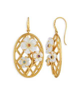 Villandry Dyed Jade & Mother Of Pearl Flower Lattice Drop Earrings in 18K Gold Plated