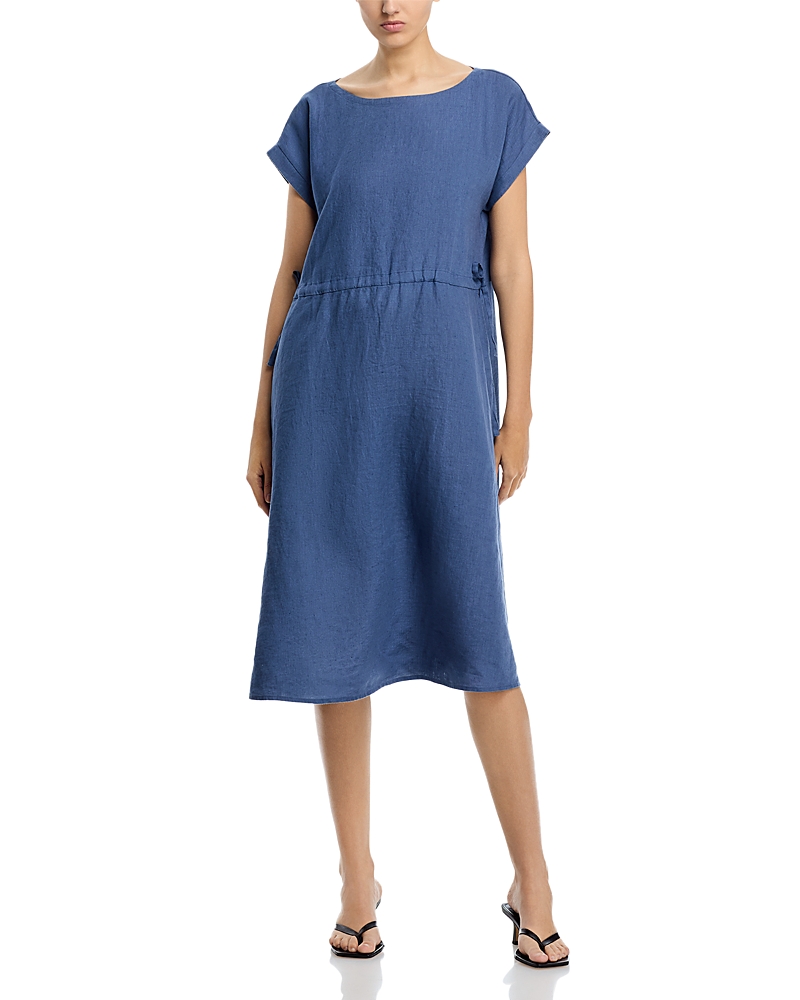 Eileen Fisher Ballet Neck Cap Sleeved Linen Dress In Dusk
