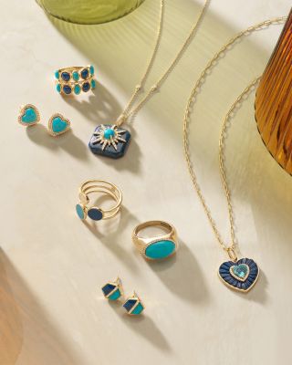 Turquoise & Diamond Heart Stud Earrings in 14K Yellow Gold