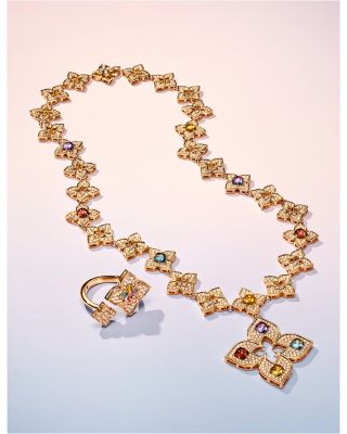 18K Rose Gold Venetian Princess Carnival Multi Gemstone & Diamond Flower Pendant Statement Necklace, 17"