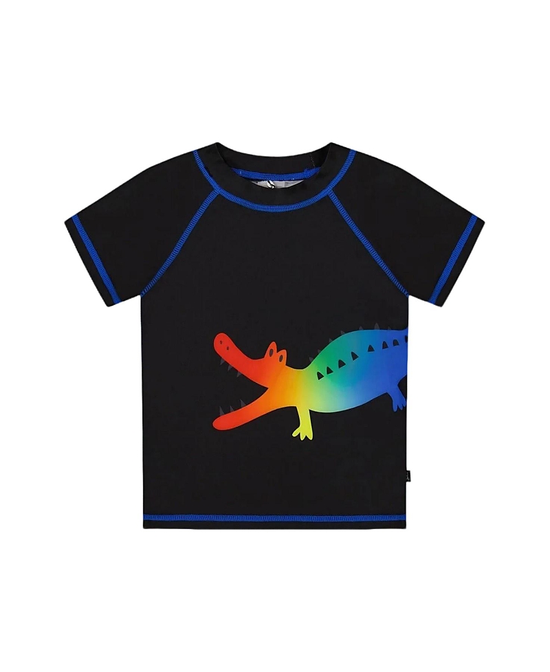Deux Par Deux Boy's Short Sleeve Rashguard Black And Multicolored Crocodiles In Black And Multicolored Crocodile