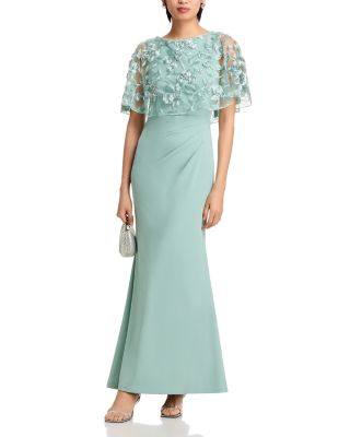 Sleeveless Gown with Embroidered Cape Overlay