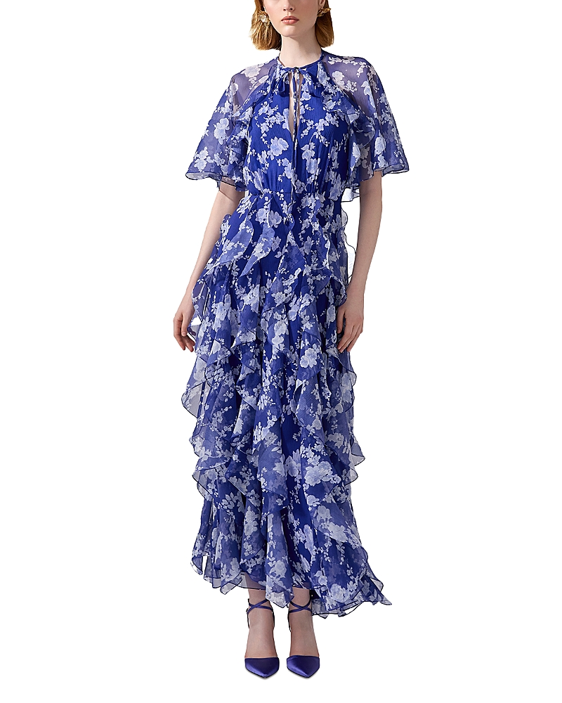 Carolina Herrera Silk Short Sleeve Tie Cape Ruffle Dress In Nautilus Multi