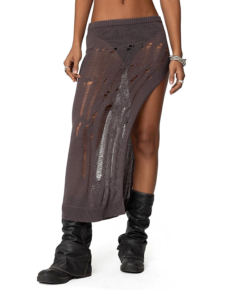 Edikted Jaynie Distressed Open Knit Maxi Skirt In Brown
