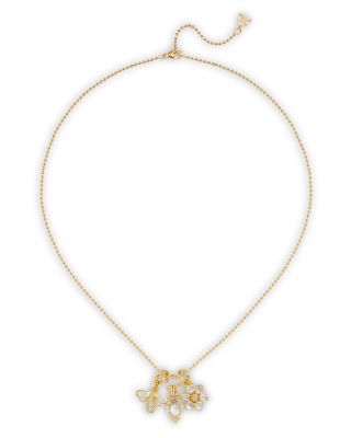 18K Yellow Gold FJ Crystal, Moonstone & Diamond Bee, Flower, & Amulet Triple Charm Pendant Necklace, 16-18"