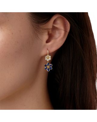 18K Yellow Gold FJ Blue Sapphire &amp; Diamond Fiori Flower Drop Earrings