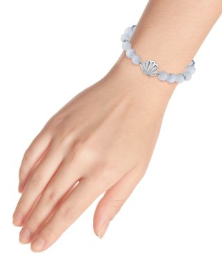 Clam Shell Charm Gemstone Beaded Stretch Bracelet in Sterling Silver - Exclusive