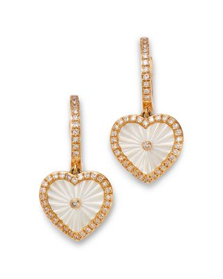 Mother of Pearl & Diamond Heart Drop Earrings in 14K Yellow Gold