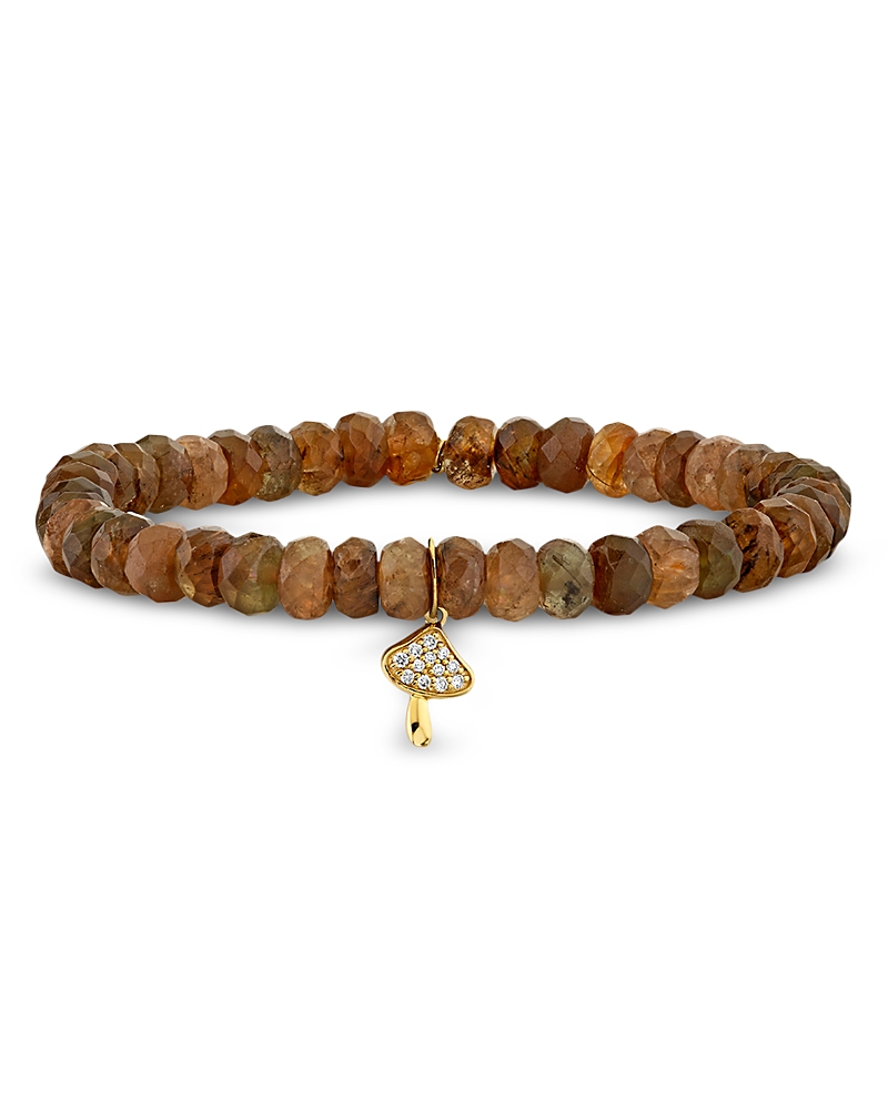 Sydney Evan 14k Yellow Gold Andalusite & Diamond Mushroom Charm Beaded Stretch Bracelet In Brown/gold