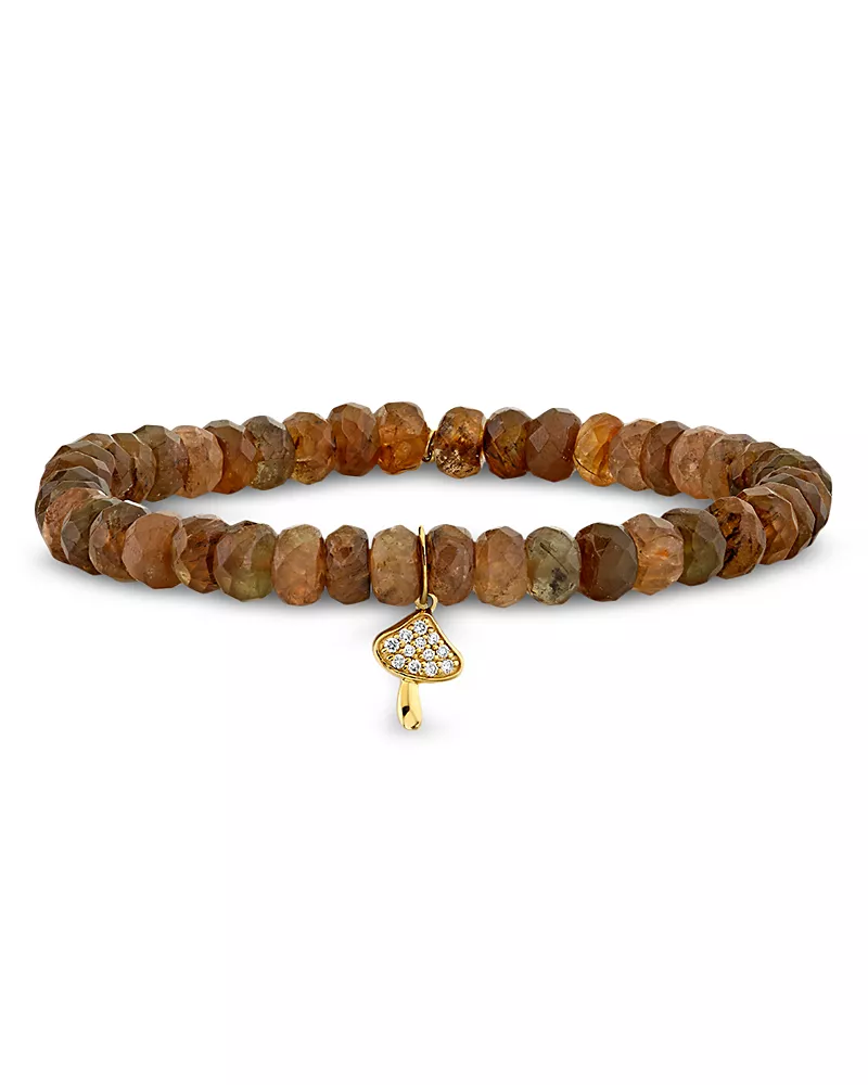 Sydney Evan 14K Yellow Gold Andalusite & Diamond Mushroom Charm Beaded Stretch Bracelet