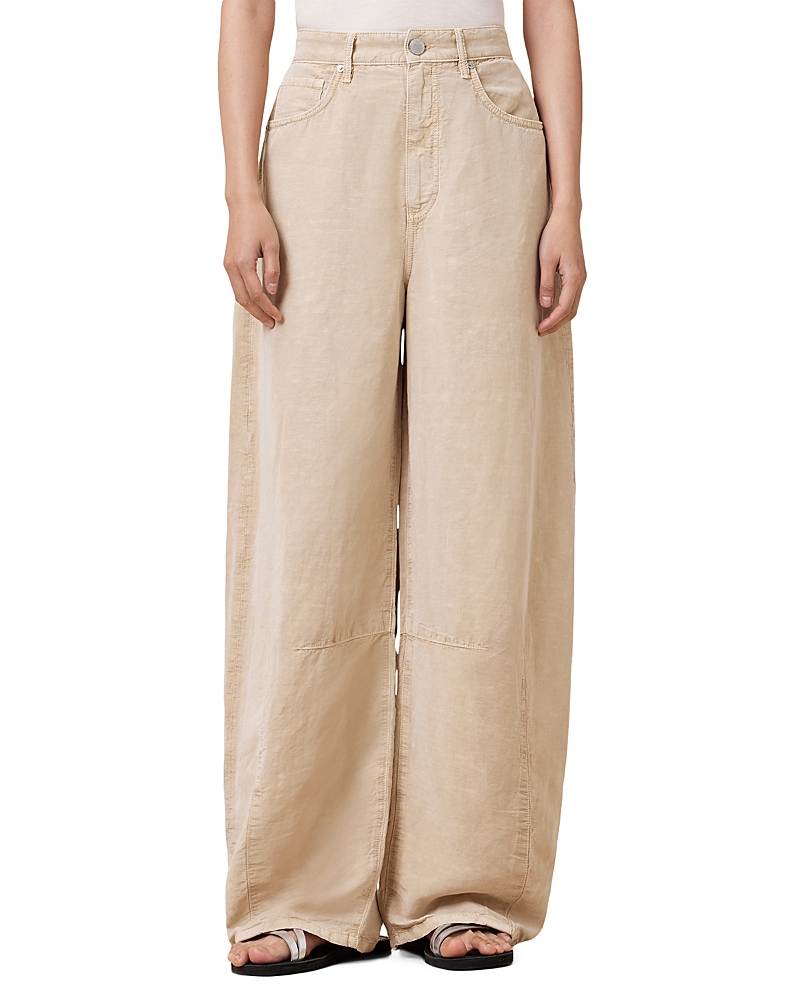 Allsaints Womens Sand Brown Jett Barrel-leg Linen-blend Trousers