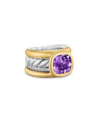 David Yurman - DY Mercer&reg; Four Row Stone Ring in Sterling Silver with 18K Yellow Gold, Amethyst & Diamonds, 14mm