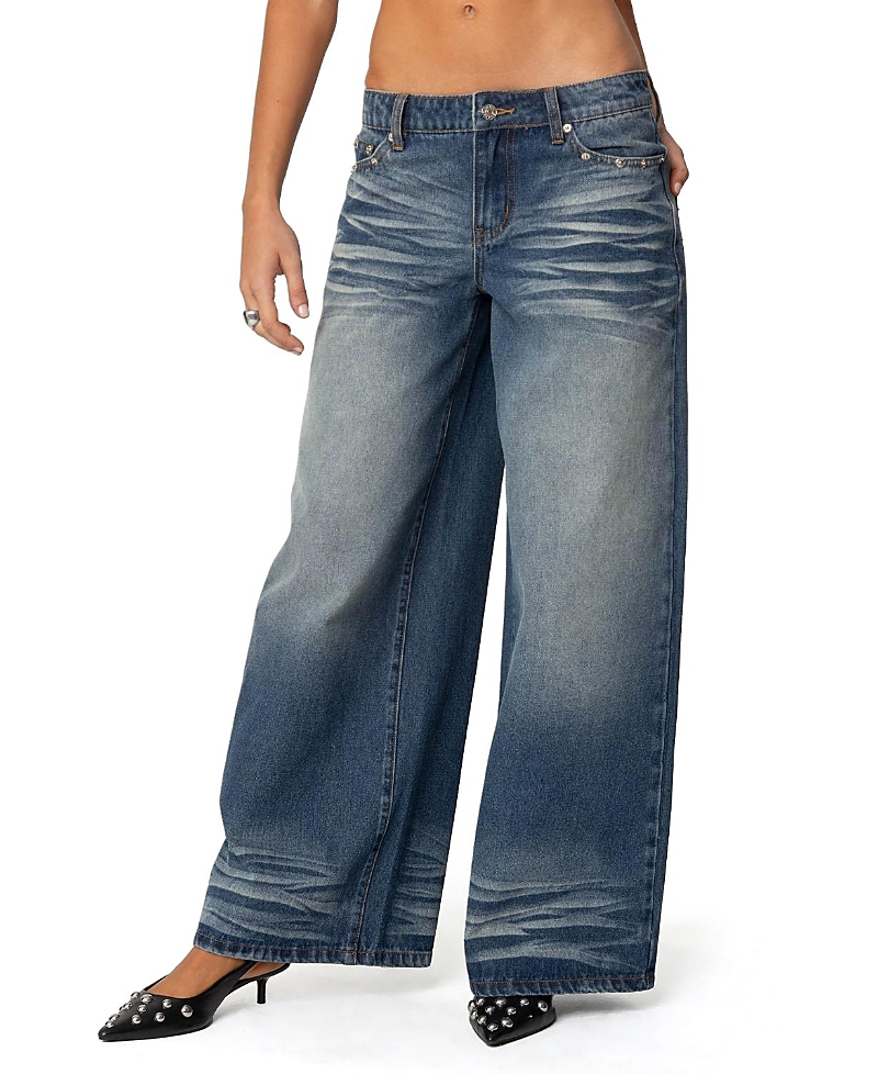 Shop Edikted Pocket Low Rise Dark Wash Jeans In Blue