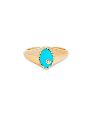 9K Yellow Gold Turquoise & Diamond Baby Chevaliere Marquis Signet Ring