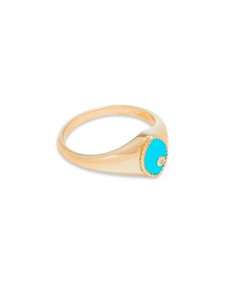 9K Yellow Gold Turquoise & Diamond Baby Chevaliere Marquis Signet Ring