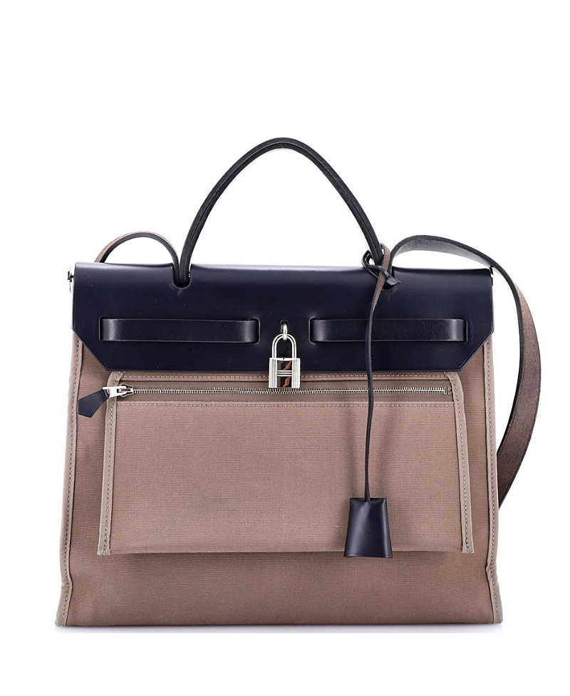 Shop Pre-owned Hermes Hermes 31 Herbag Zip Leather And Toile In Blue/ Grey
