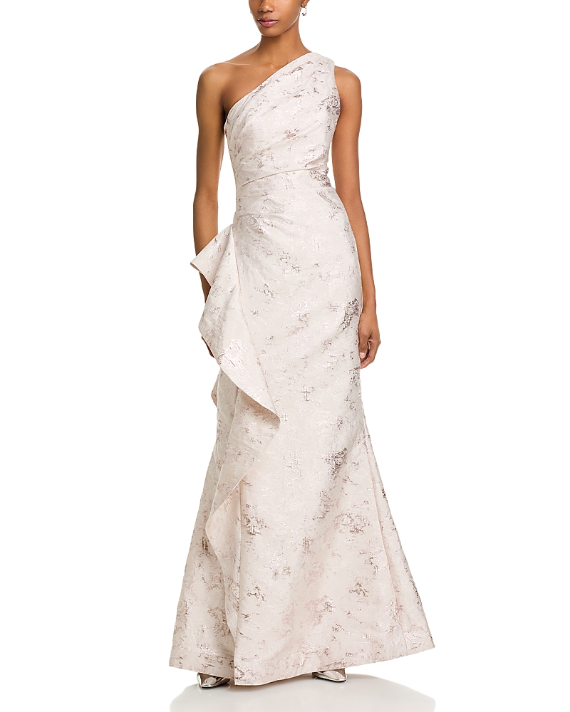 Teri Jon By Rickie Freeman Metallic Jacquard One-shoulder Gown In Blush