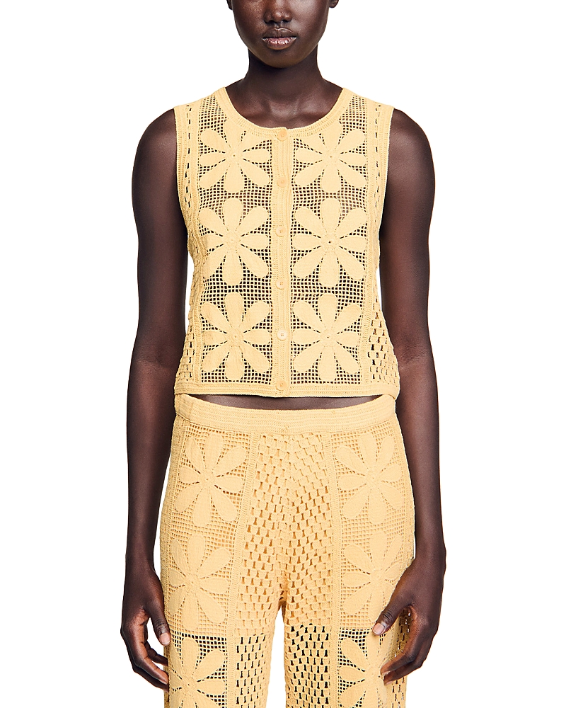 Sandro Loulou Floral Crochet Sleeveless Cardigan In Yellow