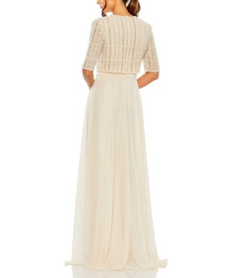  Beaded 3/4 Sleeve Chiffon Gown