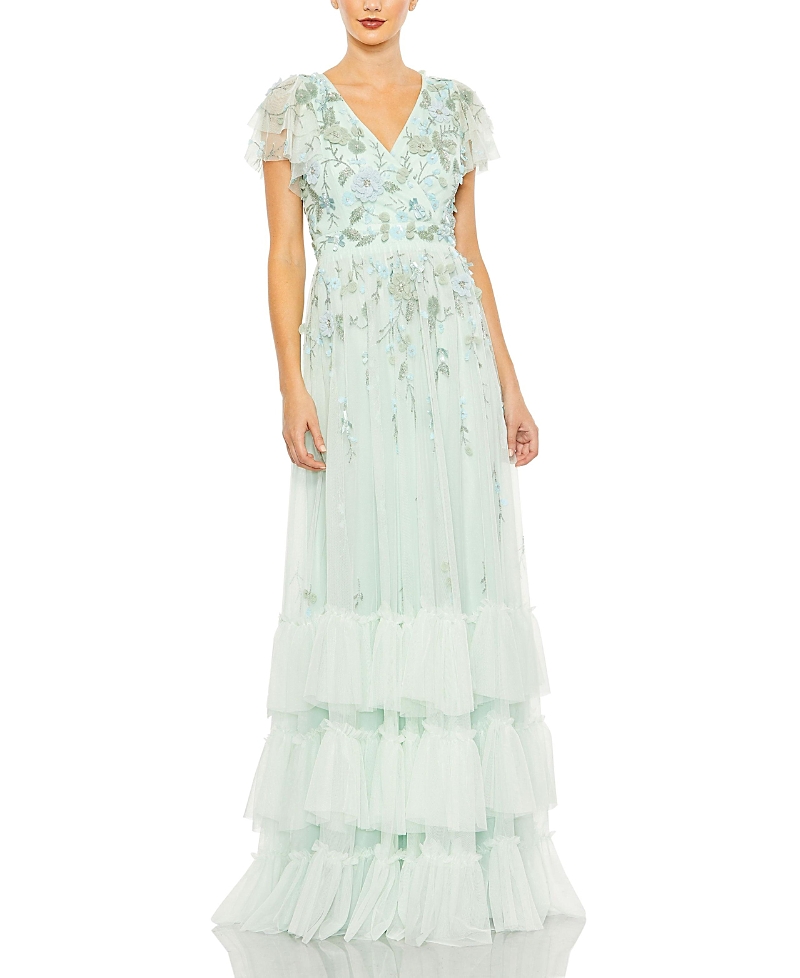 Mac Duggal Ruffle Tiered Embellished Faux Wrap Flutter Sleeve