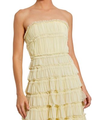 Solid Mesh Dot Micro Ruffle Strapless Midi Dress