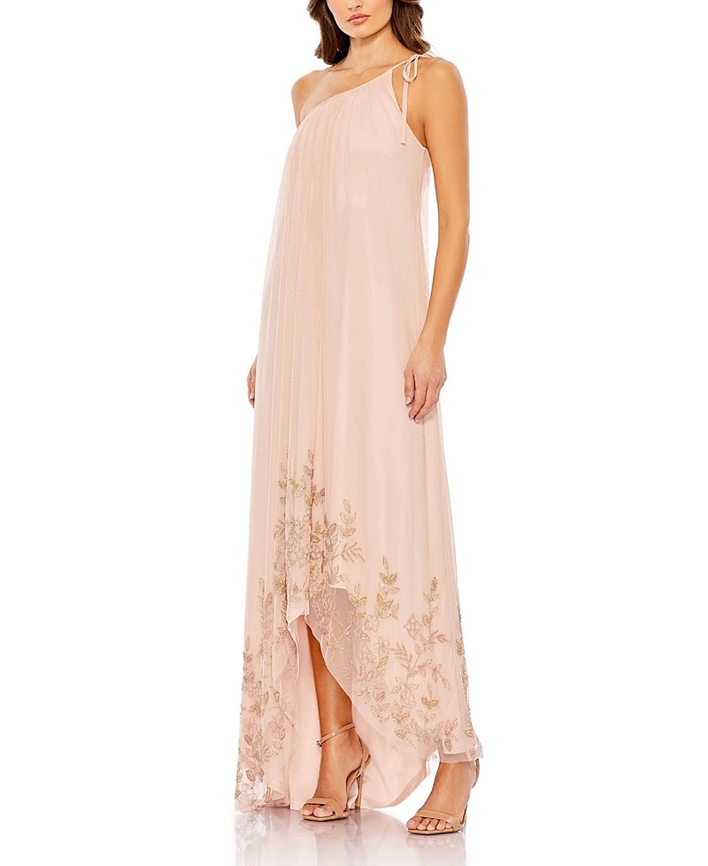Mac Duggal Asymmetrical One Shoulder Beaded Hem Mesh Gown In Rose