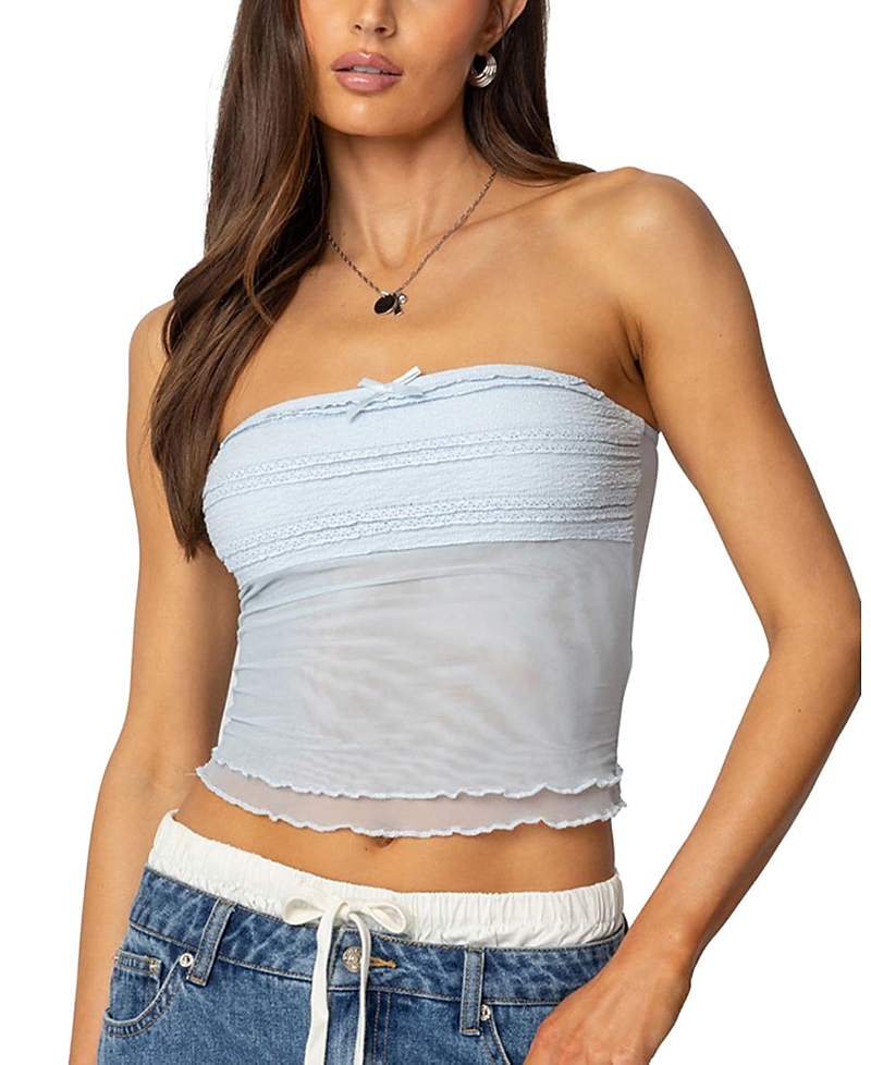 Edikted Rori Ruffle Knit Sheer Mesh Top In Light-blue