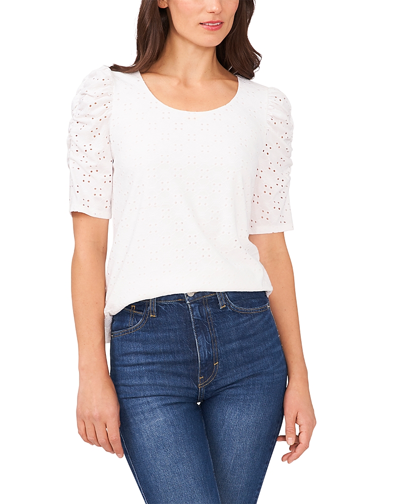 Shop Cece Crewneck Ruched Elbow Sleeve Top In Ultra White