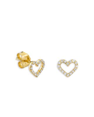 14K Yellow Gold Diamond Small Open Heart Earrings