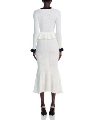 White Pointelle Knit Contrast Midi Dress
