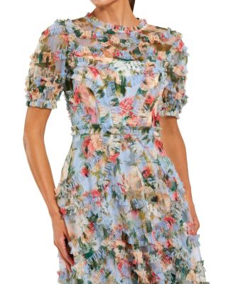 Floral Printed Mesh Ruffle High Neck Midi Dress