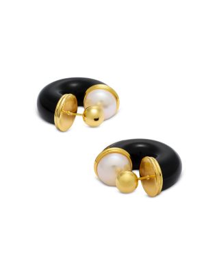 Black & Glass Pearl Hoop Earrings