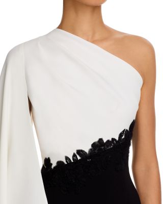 Crepe One Shoulder Drape Sleeve 3D Trim Gown