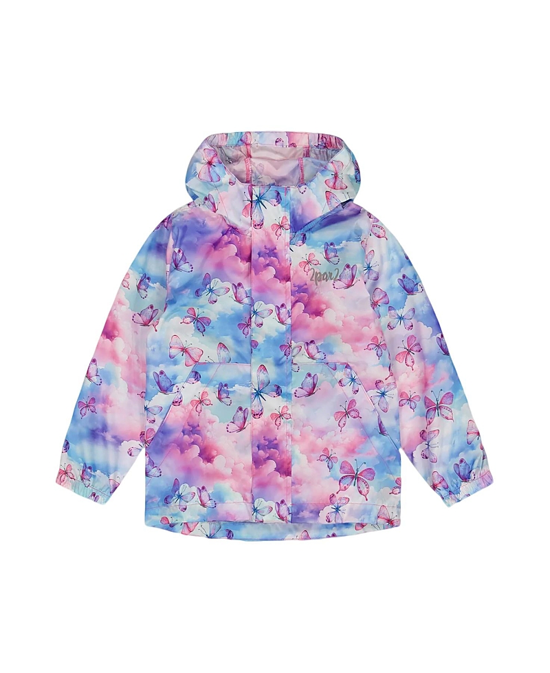 Deux Par Deux Girl's Printed Packable Windbreaker Butterflies On Multicolored Background In Butterflies On Multicolored