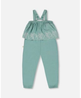 Girls' Chambray Jumpsuit with Embroidery - Little Kid
