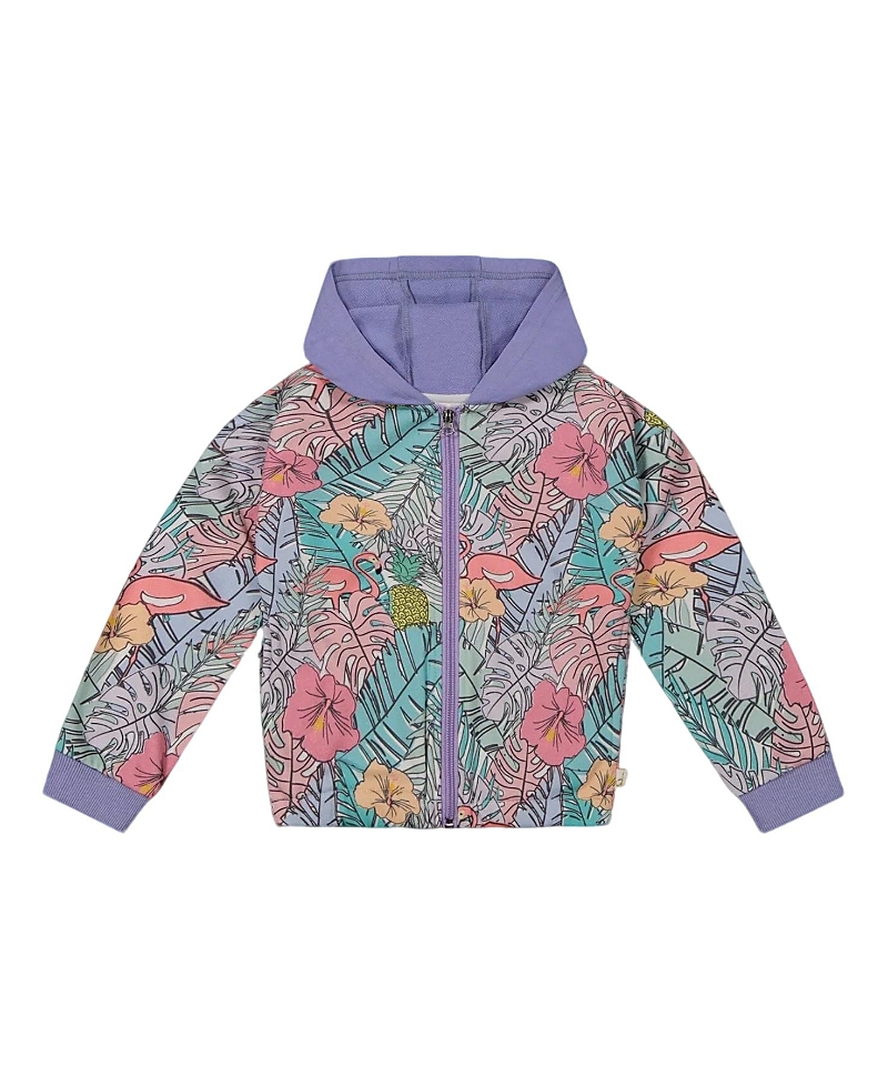 Deux Par Deux Girl's Printed French Terry Hoodie Cardigan Lilac Tropical And Pink Flamingos In Lilac Tropical And Pink Flamingos