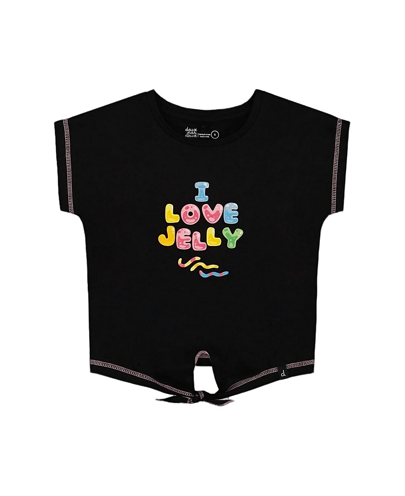 Deux Par Deux Girl's Organic Cotton Tee With Print And Knot Black And Multicolored In Black And Multicolored