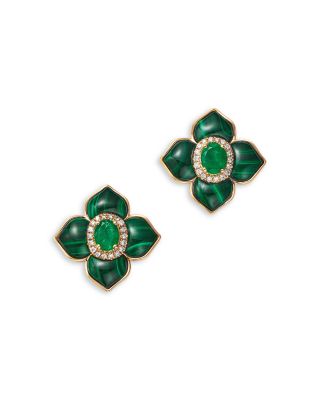 Bloomingdale's Fine Collection - Emerald, Malachite & Diamond Clover Earrings in 14K Yellow Gold