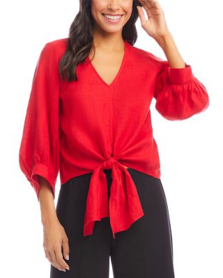 Blouson Sleeve Linen Tie Front Top