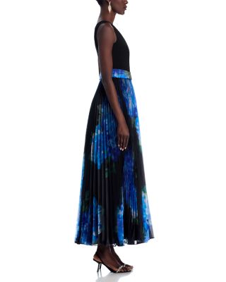 Mixed Media V Neck Sleeveless Pleated Gown