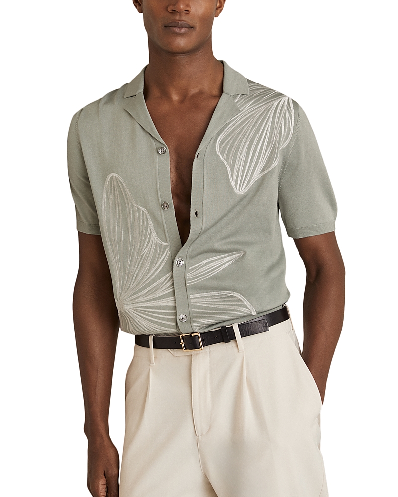 Reiss Mens Laurent Floral-embroidered Stretch-knit Shirt Soft Sage In Gray