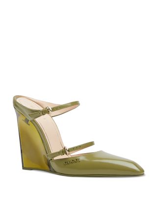 Gucci - Women's Regent Snip Toe Green Wedge Heel Mules