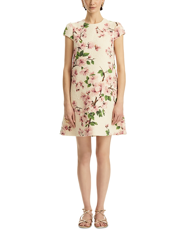 Oscar De La Renta Cherry Blossom Embroidered Cap Sleeve Dress In Pink