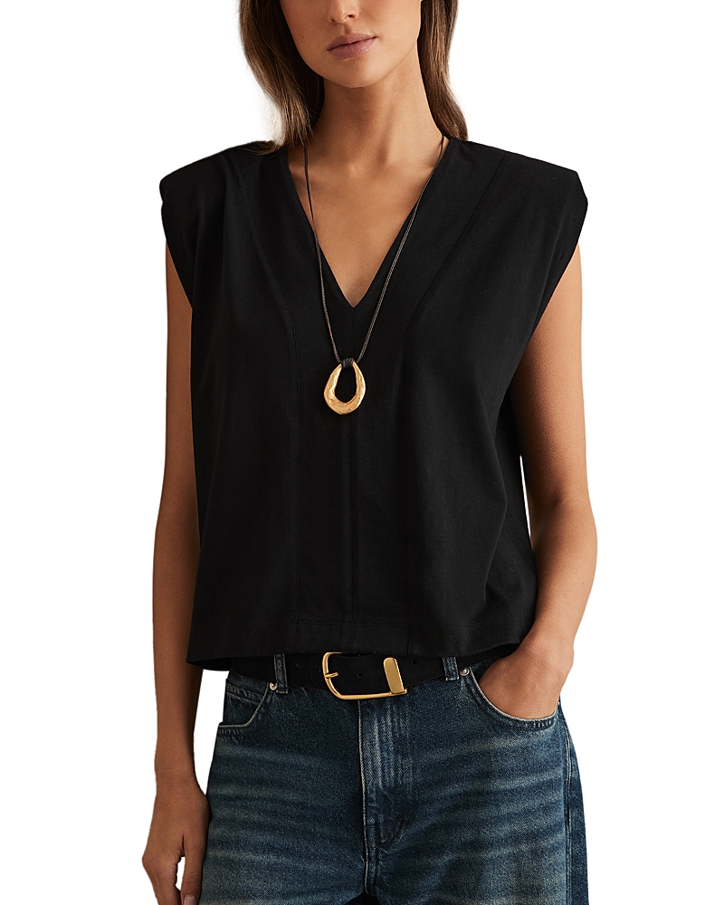 Reiss Black Cotton Shoulder-pad V-neck Top In Black